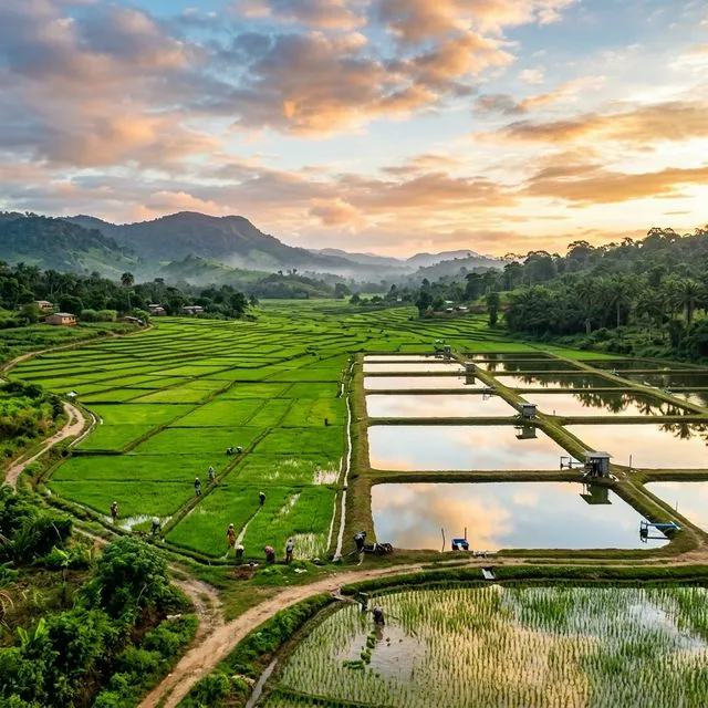 Paysage agricole et rizières de la coopérative